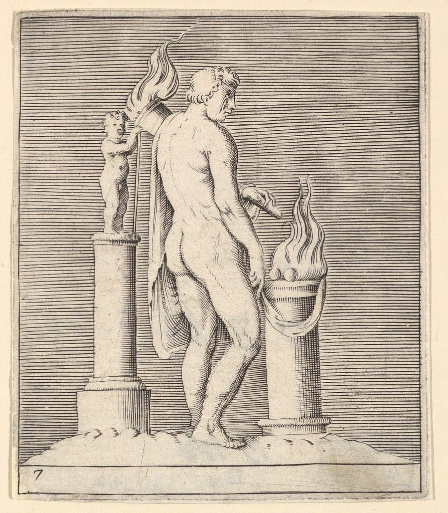 Detail of Man with Torch between Flaming Altar and Statuette, published ca. 1599-1622 by Unknown