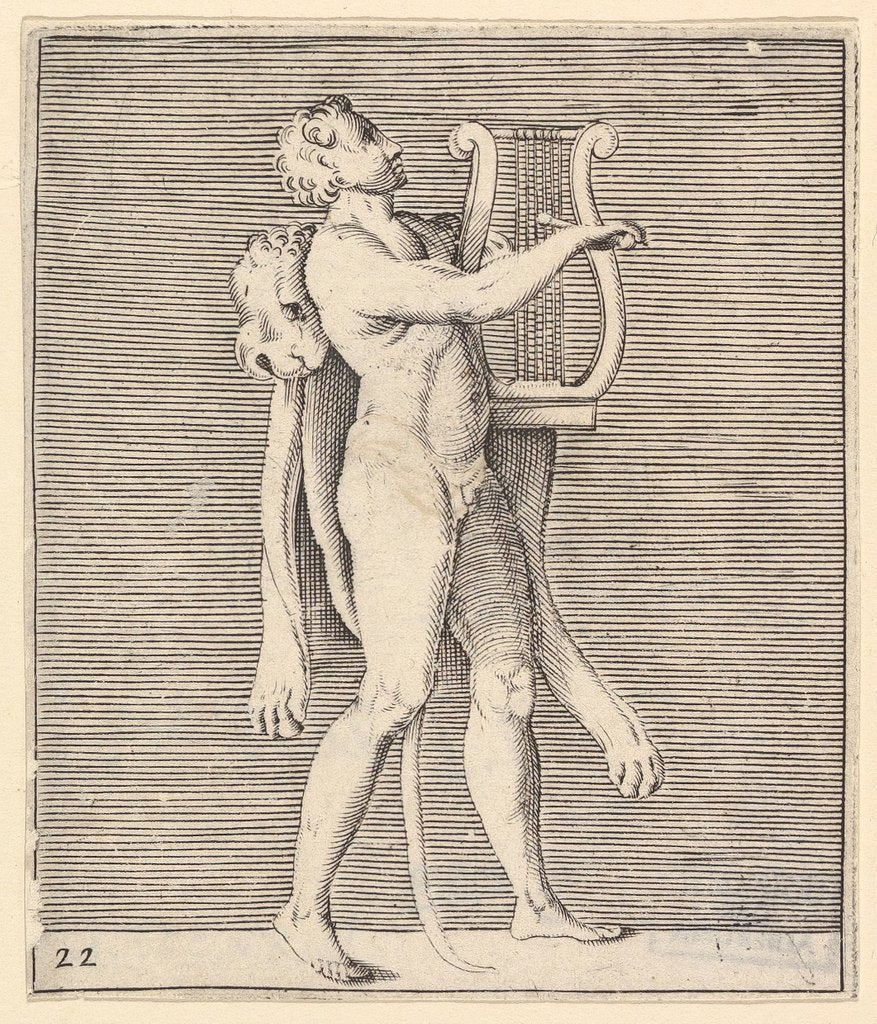 Detail of Hercules playing a lyre, a lionskin draped over his shoulder, published ca. 1599-1622 by Unknown
