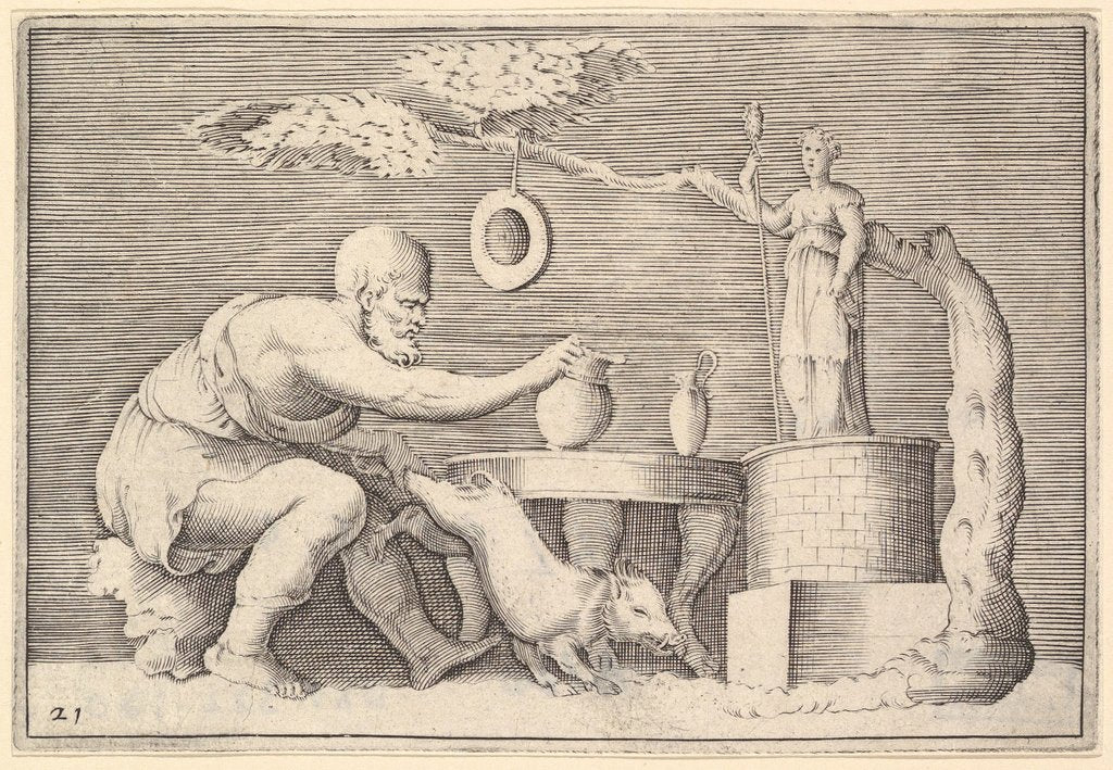 Detail of A Faun or Satyr Preparing a Pig for Sacrifice, published ca. 1599-1622 by Unknown