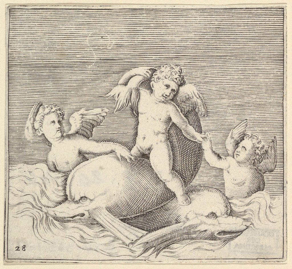 Detail of Three Cupids and Two Dolphins, published ca. 1599-1622 by Unknown