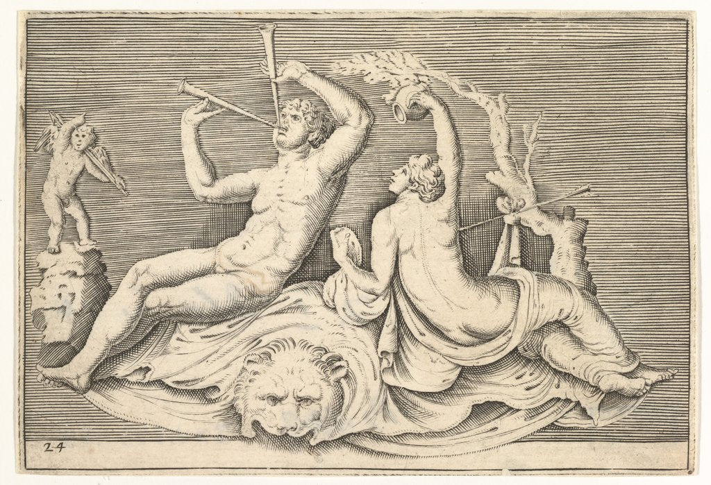 Detail of Man Playing Two Flutes and Woman on Lionskin, published ca. 1599-1622 by Unknown