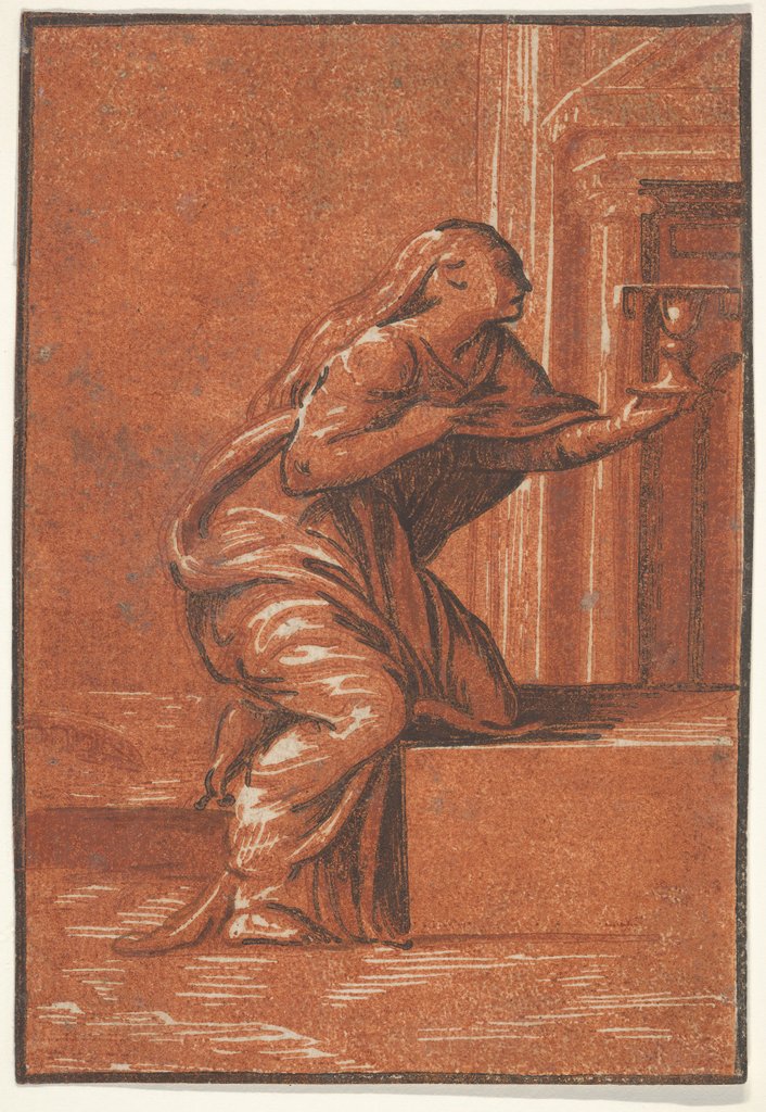 Female personification of Faith who kneels raising a chalice in her left hand, af…, ca. 1520-1560 by Unknown