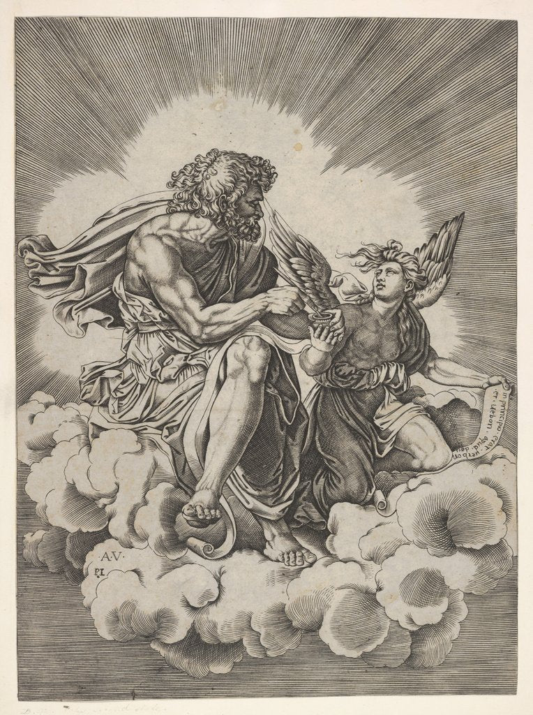 Detail of St. Matthew, seated on a cloud with legs crossed and dipping a quill into an inkwell…, after 1518 by Unknown