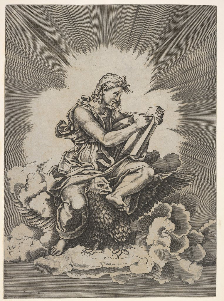 Detail of St. John, seated and holding a writing instrument to a tablet, an eagle with outstre…, after 1518 by Unknown