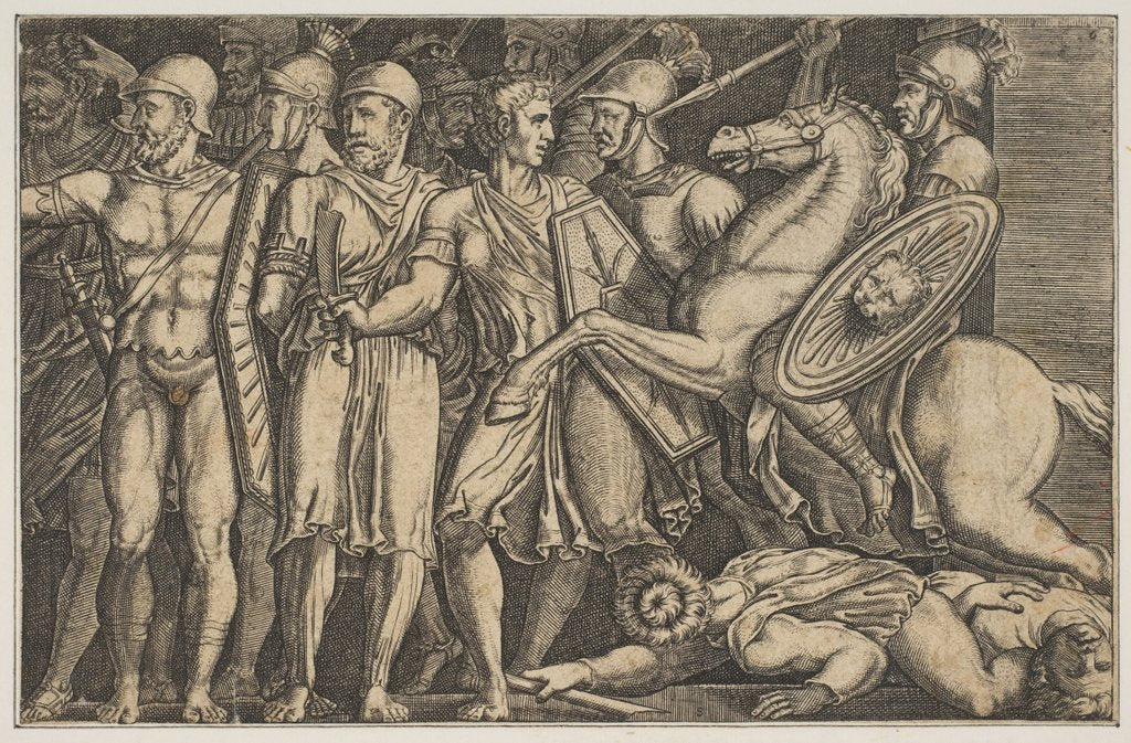 Detail of Trajan Fighting the Dacians; Trajan on horseback at right riding towards a group …, ca. 1515-1600 by Unknown