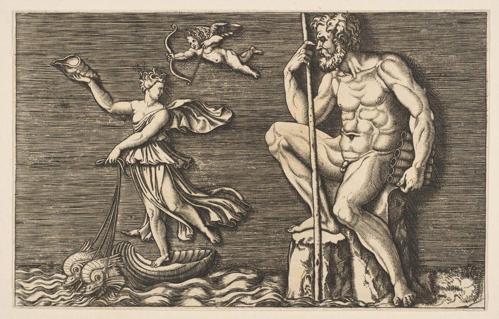 Detail of Galatea escaping Polyphemus; he is seated on a rock holding a staff and pipes and…, ca. 1515-1600 by Unknown