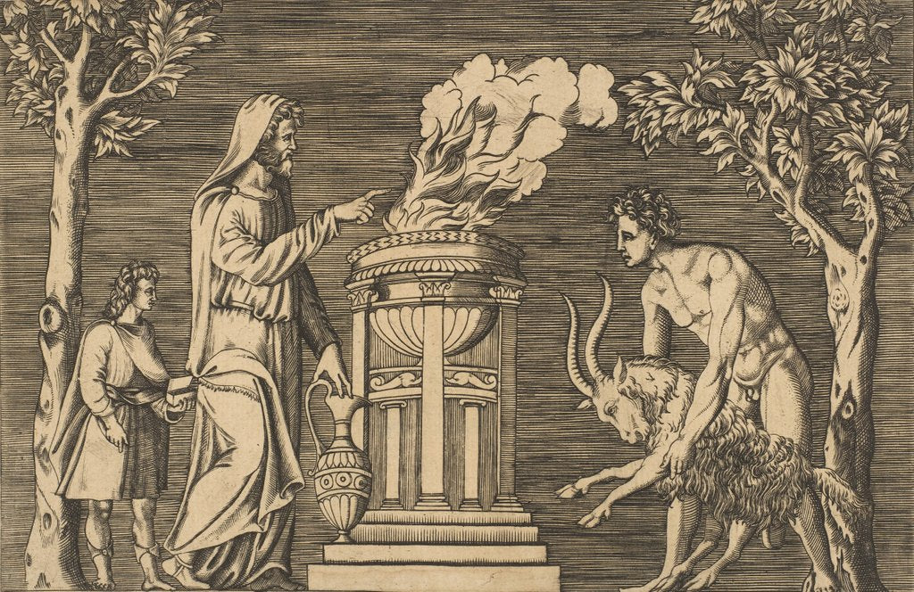 Detail of The sacrifice of a ram held by a naked man at right, hooded priest at left with a…, ca. 1515-1600 by Unknown