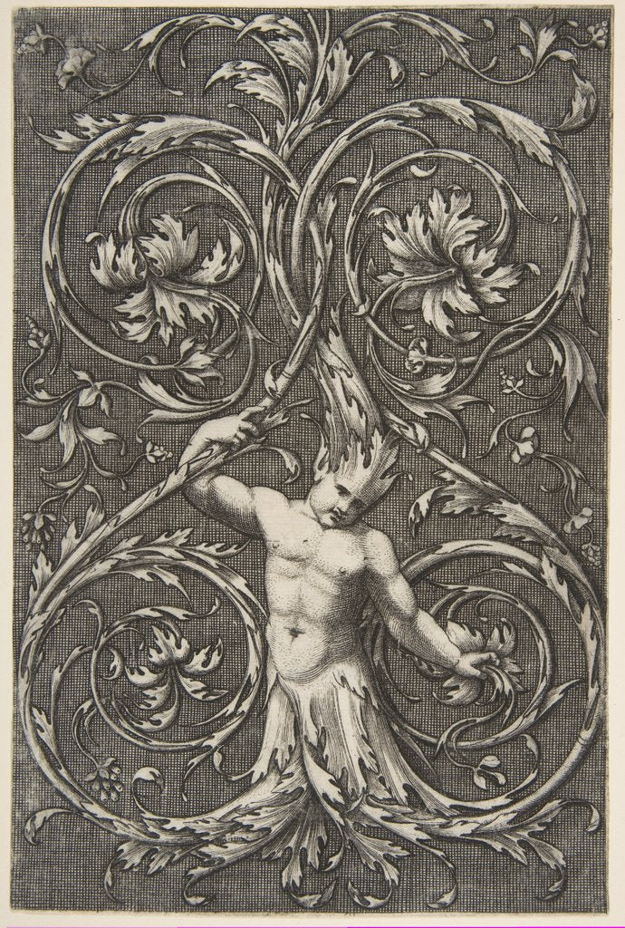 Detail of Grotesque with male figure with lower body and head of acanthus scrolls, ca. 1515-1600 by Unknown