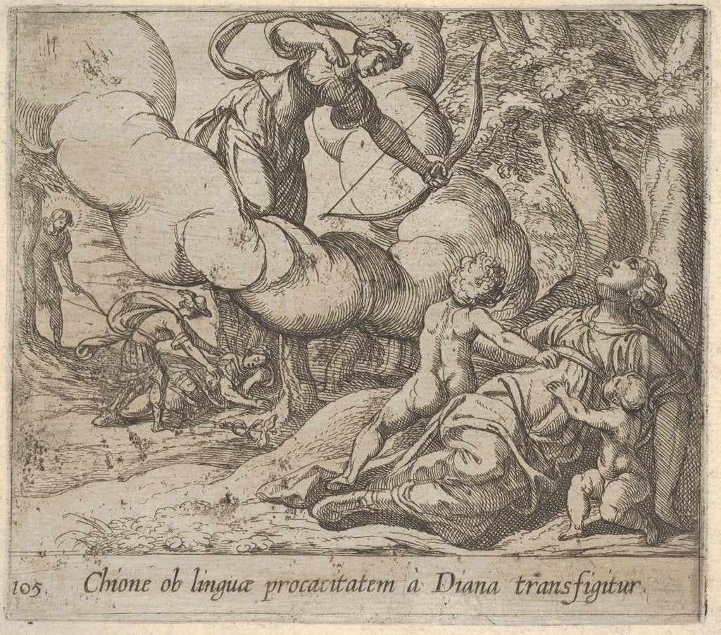 Detail of Plate 105: Diana aiming her bow toward Chione, who is accompanied by two children, in anot…, 1606 by Antonio Tempesta
