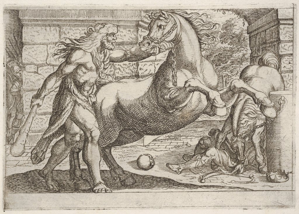 Detail of Hercules and the Mares of Diomedes: Hercules grasps the bridle of a rearing horse, a secon…, 1608 by Antonio Tempesta