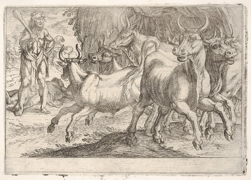 Detail of Hercules and the Oxen of Geryones: with a club raised by his right hand, Hercules confront…, 1608 by Antonio Tempesta