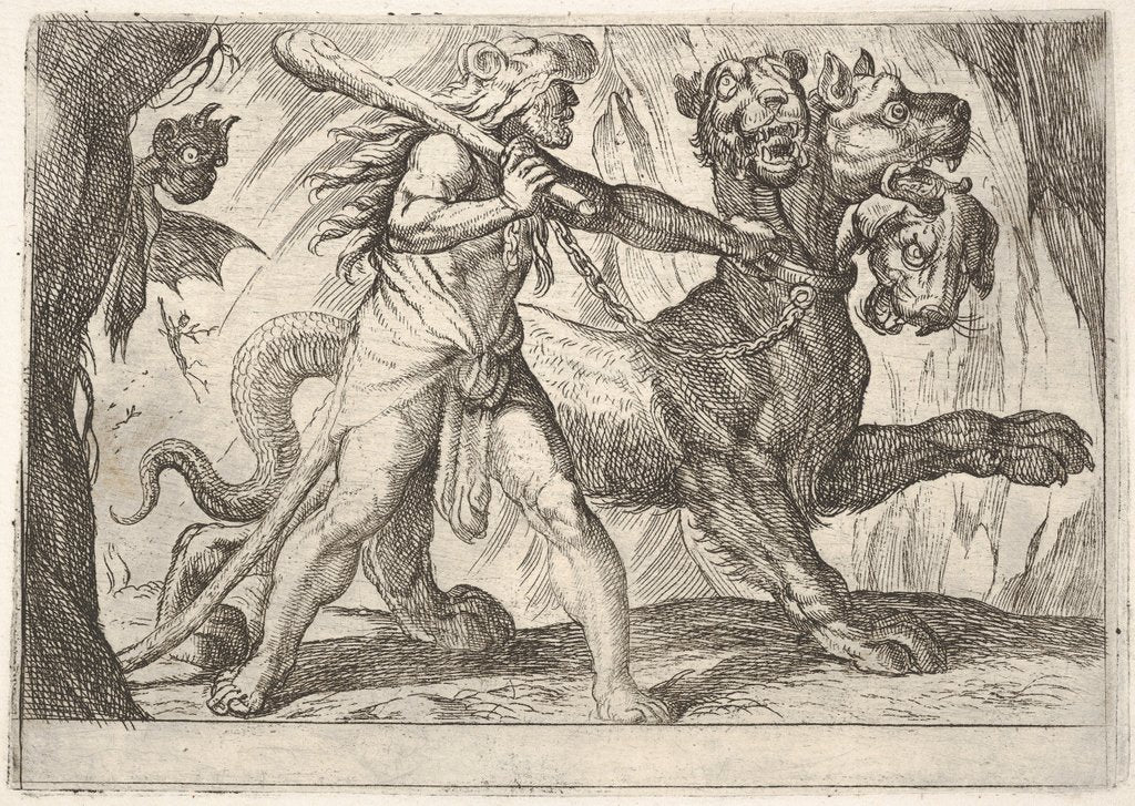 Detail of Hercules and Cerberus: Hercules grasps the collar of Cerberus, two demons appear at left…, 1608 by Antonio Tempesta