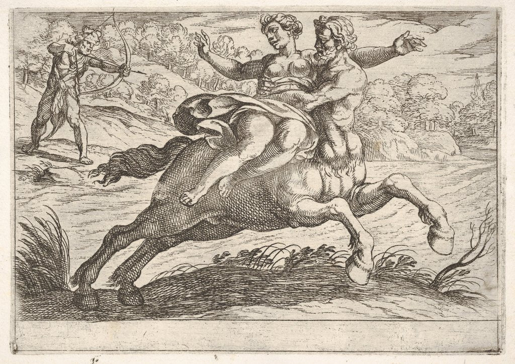 Detail of Nessus attempting to take Dejanira from Hercules: Nessus restrains Dejanira on his back wh…, 1608 by Antonio Tempesta