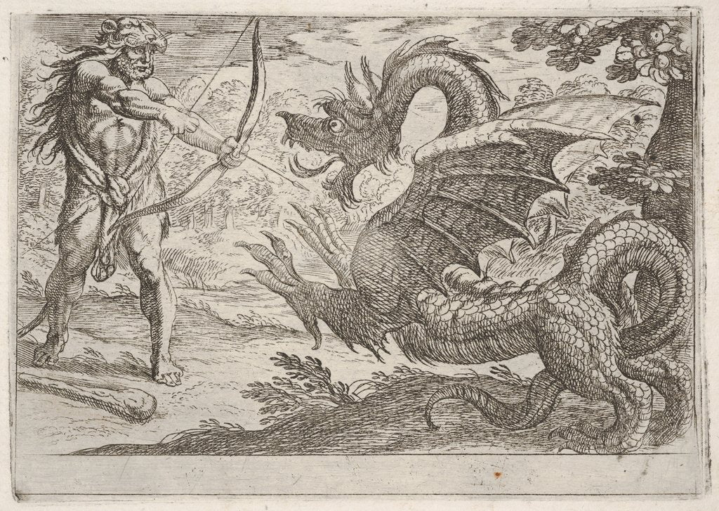 Detail of Hercules and the Serpent Ladon: Hercules draws his bow, the rearing serpent appears in pro…, 1608 by Antonio Tempesta