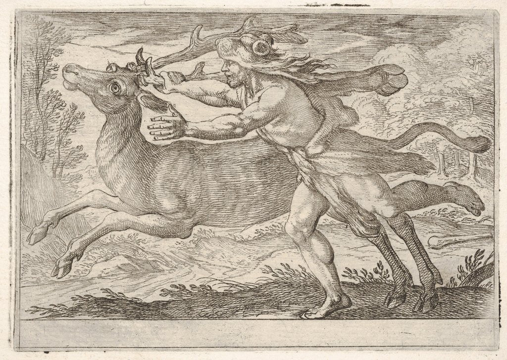 Detail of Hercules and the Hind of Mount Cerynea: Hercules strides alongside the hind and grasps the…, 1608 by Antonio Tempesta