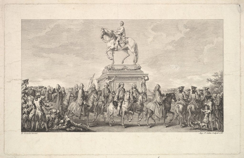 Detail of The Inauguration of the Statue of Louis XV, Vignette on page 1, from Description des Trava…, 1766 by Augustin de Saint-Aubin