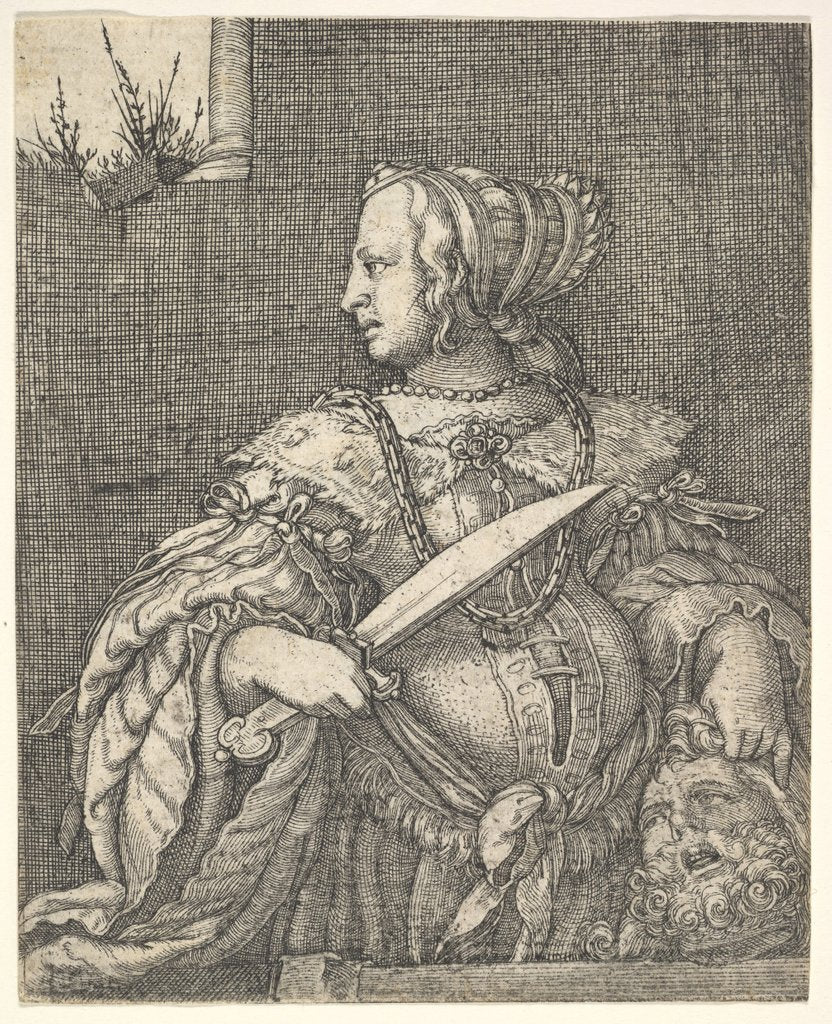 Detail of Judith, half-length and in profile to the left, a sword in her right hand and the head of Holo… by Barthel Beham