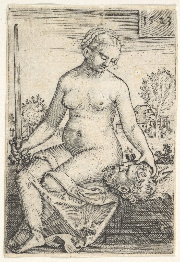 Detail of Judith, seated nude with a sword in her right hand, gazing down at the head of Holofernes …, 1523 by Barthel Beham