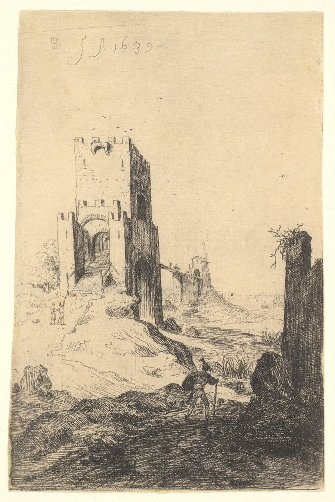 Detail of View of Ponte Mammolo, a bridge in the background, a tower with ramp in the middle ground…, 1639 by Bartholomeus Breenbergh