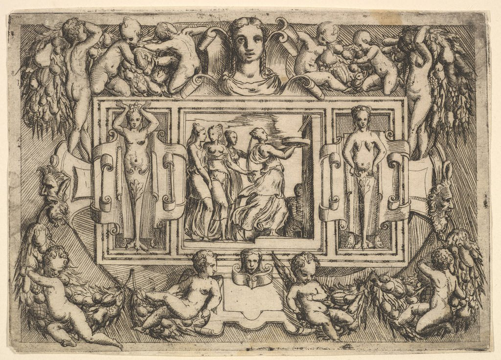 Detail of The Cumeaean sibyl walking to the right and carrying a tray, followed by three wome…, ca. 1540-80 by Battista del Moro