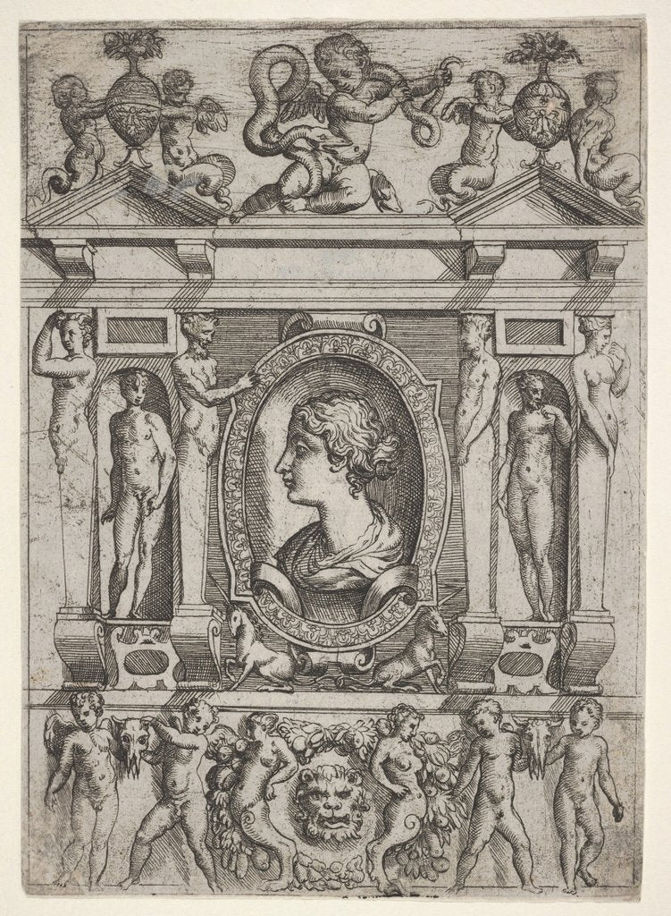 Detail of Bust of a woman in profile facing left, set in an elaborate frame with figures in n…, ca. 1540-80 by Battista del Moro