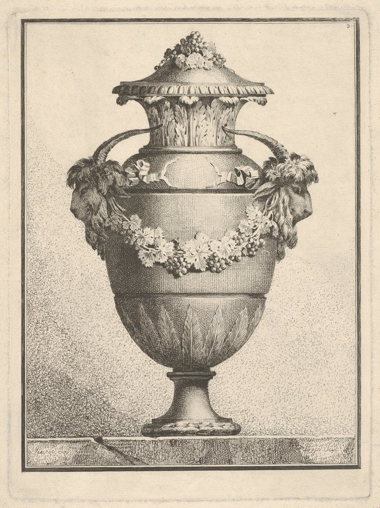Detail of Design for a covered vase with two goat heads and a garland, 1764 by Bossi