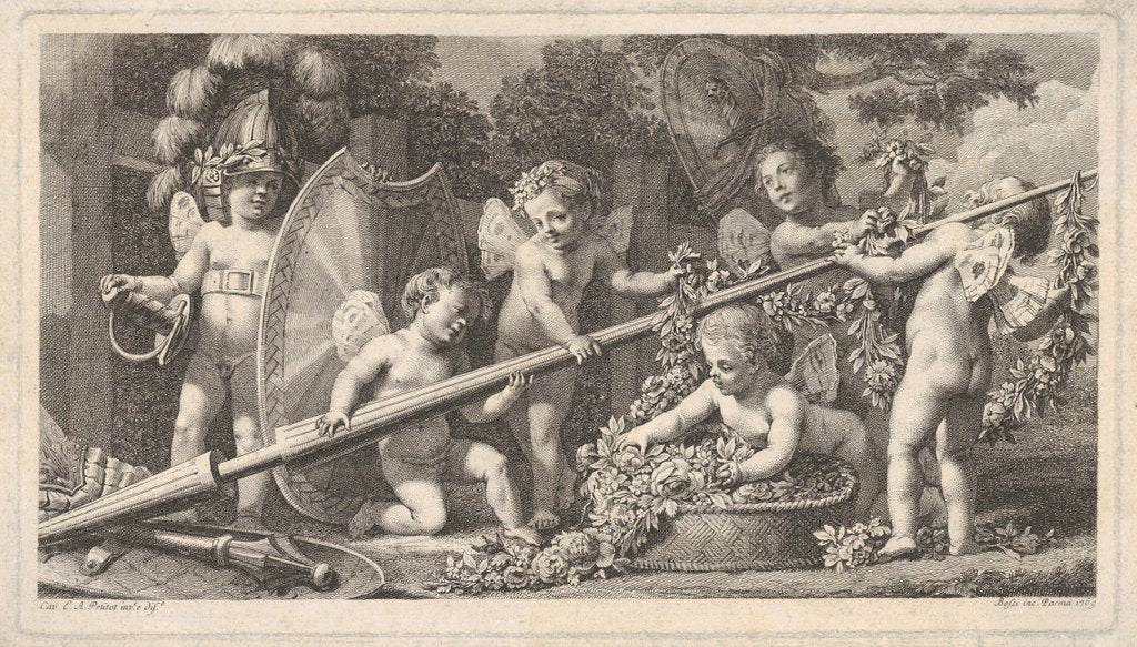 Detail of Six putti playing with the arms of Mars, four holding onto a large lance, one on the left …, 1769 by Bossi