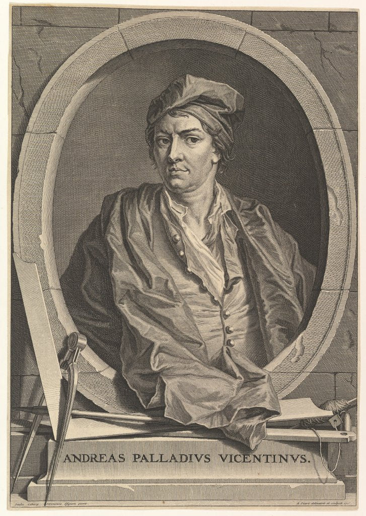Detail of Portrait of Andrea Palladio in half-length within an oval frame; a compass, carpenter's sq…, 1716 by Bernard Picart