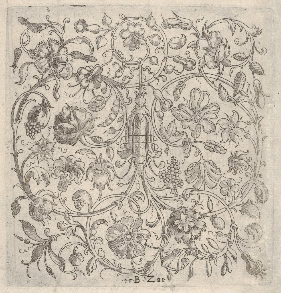 Detail of Square Panel with Vegetal Scrollwork, Flowers and Fruits, 1581 by Bernhard Zan