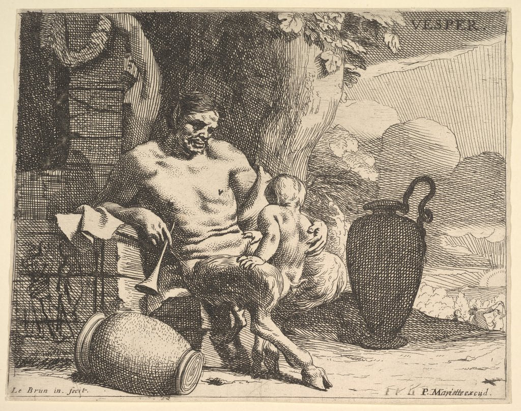 Detail of Evening: a seated satyr clasps his child, a figure hangs a garland on a pier beyond, f…, ca. 1640 by Charles le Brun