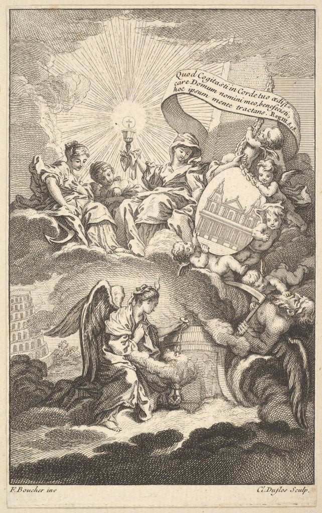 Detail of Frontispiece, from The Building of St. Sulpice by Alexis Piron, ca. 1744 by Claude Augustin Duflos le Jeune