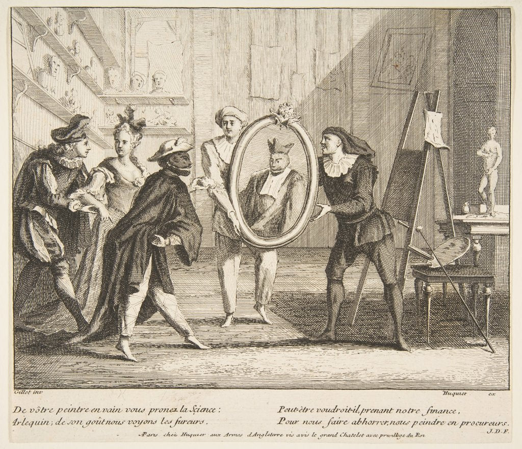 Detail of Pierrot and Scaramouche show the portrait of Harlequin by Claude Gillot/Jacques Gabriel Huquier