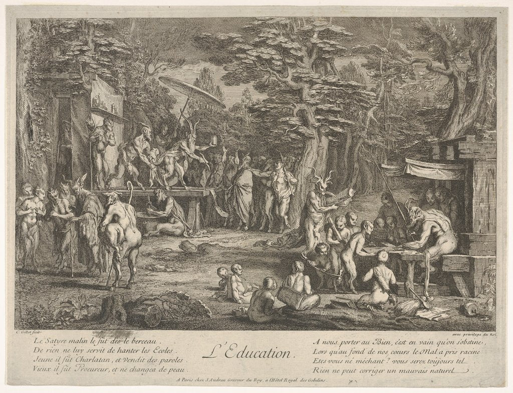 Detail of The Education: in a forest, to right an old satyr instructor holdin…, ca. 1700-1720 by Claude Gillot