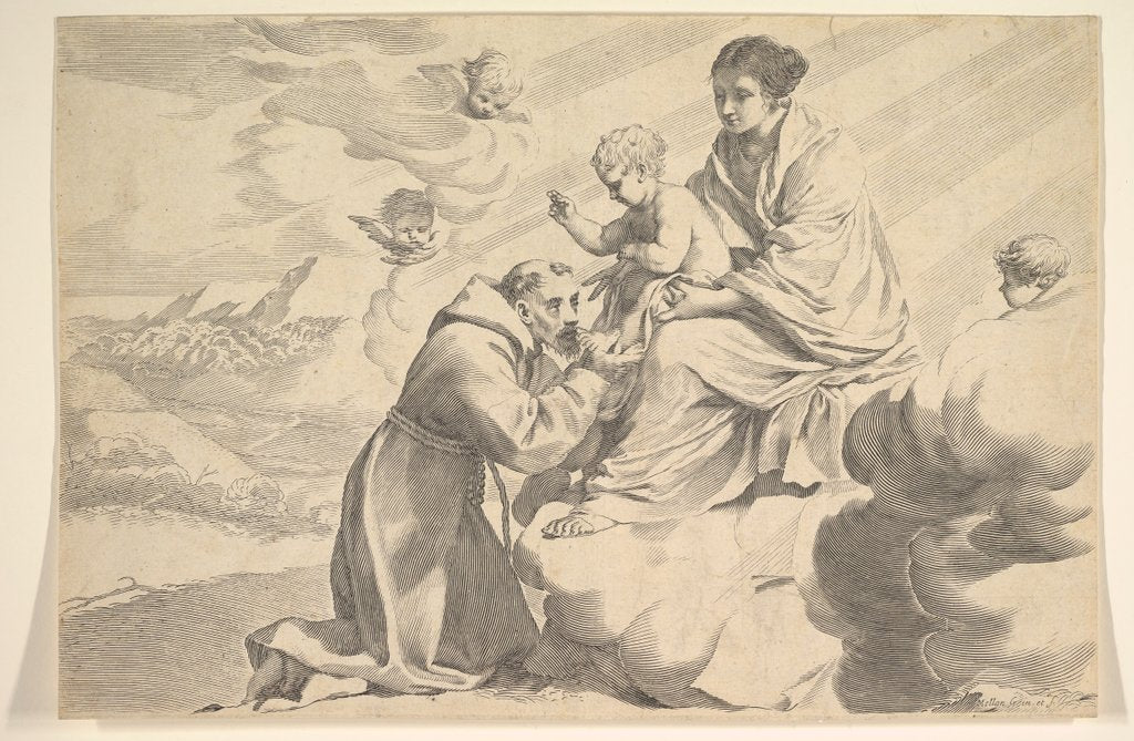 Detail of St. Francis of Assisi Adoring the Christ Child on the Virgin's Lap by Claude Mellan