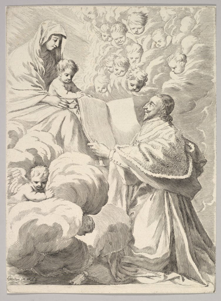Detail of Cardinal Richelieu, Kneeling, Presents His Book to the Virgin and Child, ca. 1646 by Claude Mellan