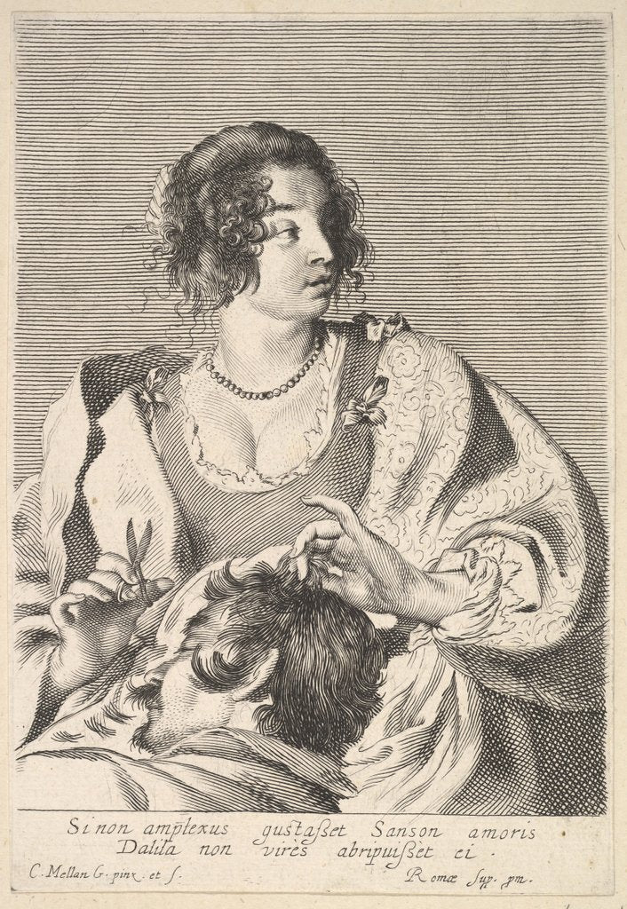 Detail of Delilah preparing to cut Samson's hair with scissors in her right hand, below her ches…, ca. 1629 by Nicolas Viennot