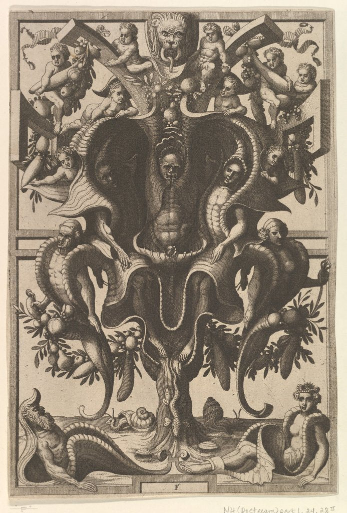 Detail of Auricular Cartouche with Figures within a Strapwork Frame from Veederley Veranderinghe van…, 1556 by Johannes van Doetecum I/Lucas van Doetecum