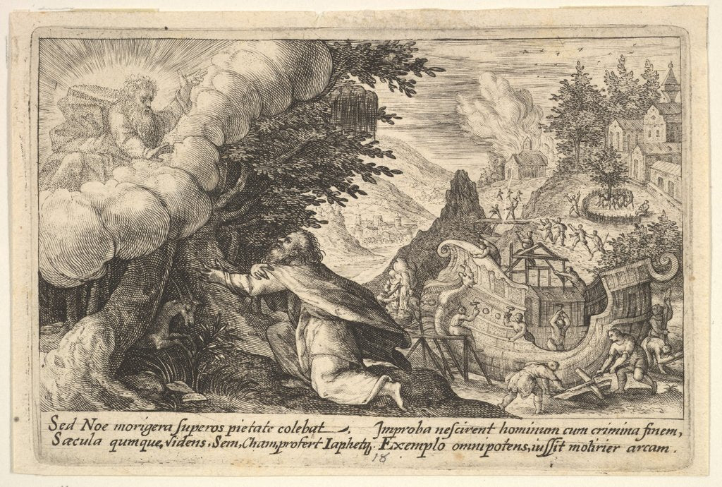 Detail of Noah kneeling before God at left, the construction of the ark underway beyond, from a seri…, 1612 by Crispijn de Passe I