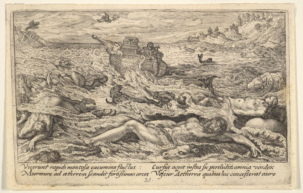 Detail of The Flood destroys life on earth: corpses of humans and animals adrift in the foreground…, 1612 by Crispijn de Passe I