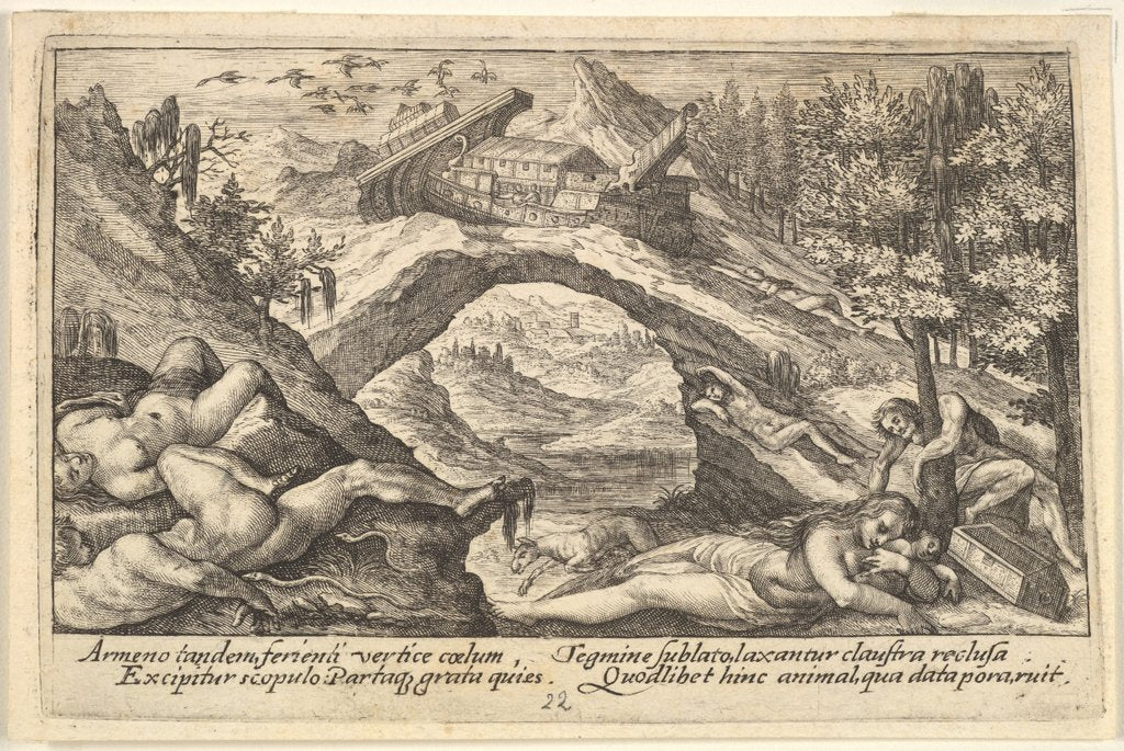 Detail of Aftermath of the Flood: human bodies strewn on dry land in the foreground, Noah's ark moor…, 1612 by Crispijn de Passe I