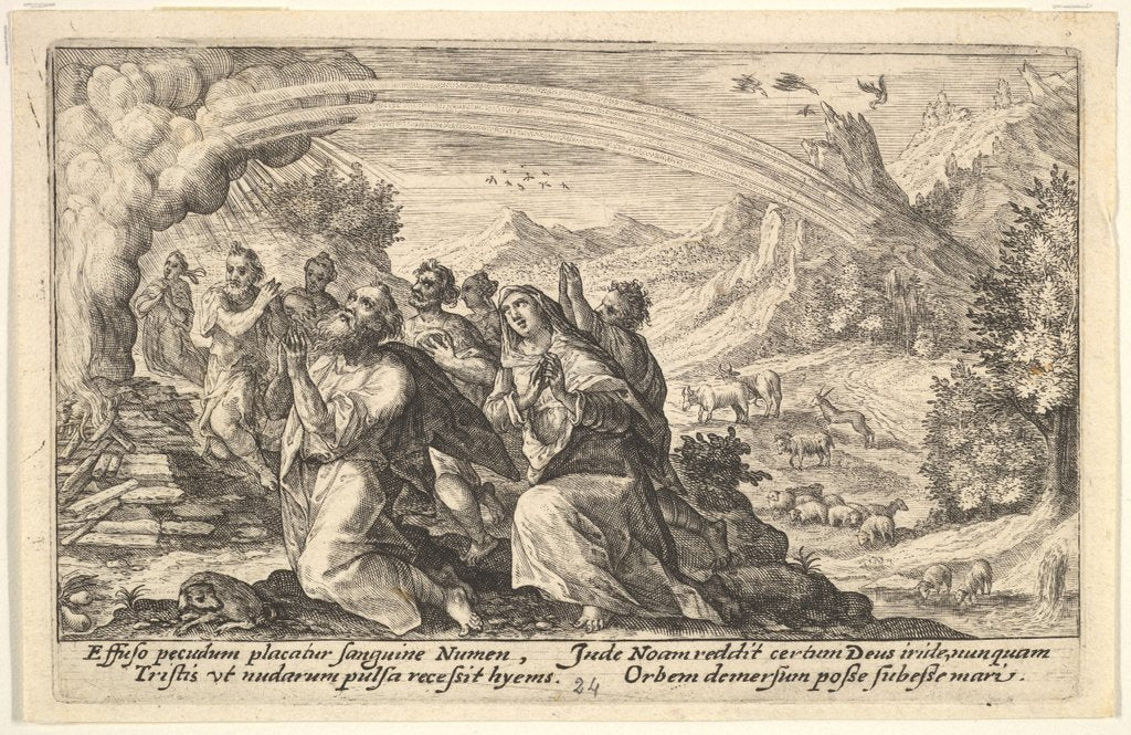 Detail of God enters into a covenant with Noah: next to a smoking pyre Noah kneels in a gesture of p…, 1612 by Crispijn de Passe I