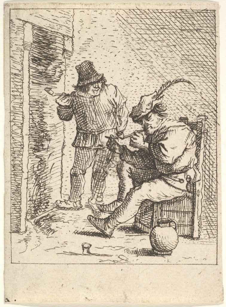 Detail of Two male peasants holding pipes before a fireplace, one seated with the pipe held…, After 1625-90 by Unknown