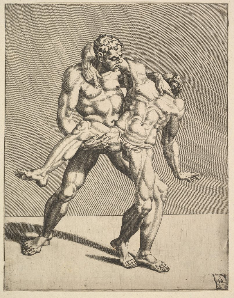 Detail of Wrestlers, from Wrestlers, plate 3, 1552 by Dirck Volkertsen Coornhert