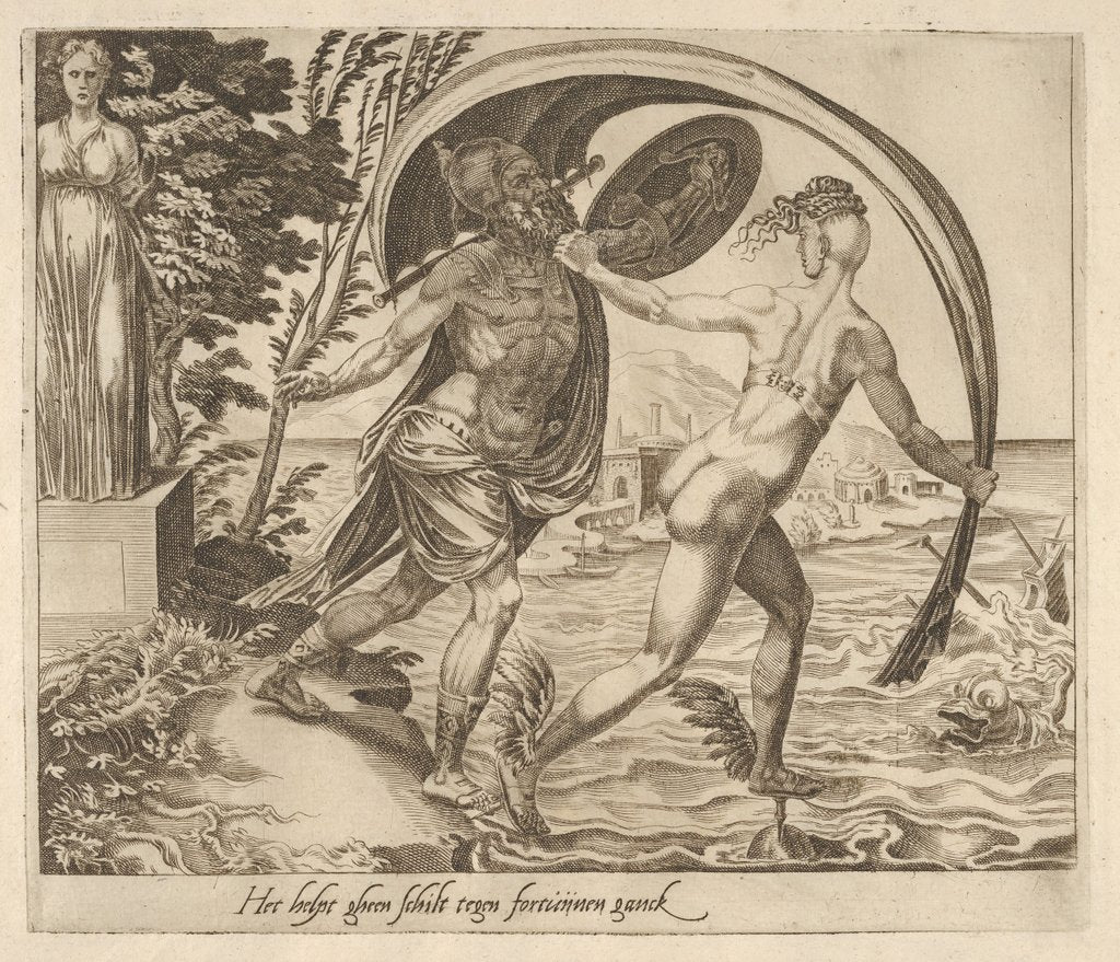 Detail of A Shield is of no Use when Fortune Turns Her Back from Six Sayings about Fortune, ca. 1560 by Dirck Volkertsen Coornhert