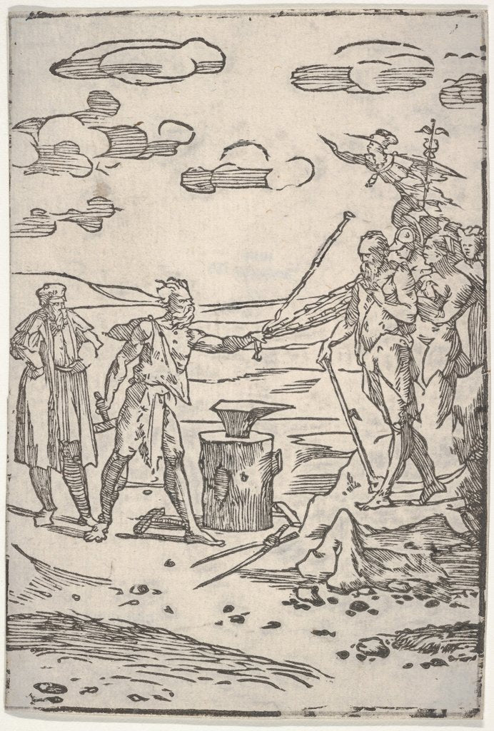 Detail of The forger standing by an anvil pulling a man in chains, from the series 'The var…, ca. 1540-1550 by Domenico Beccafumi
