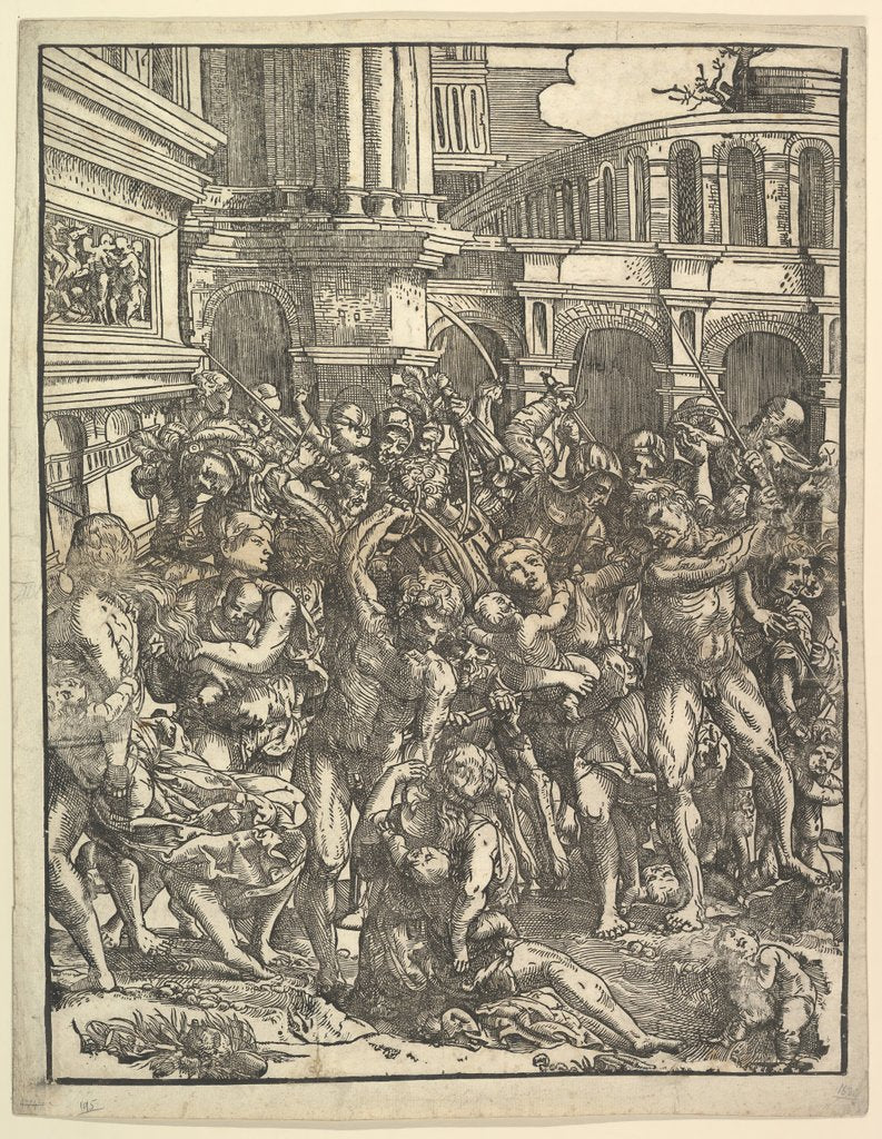 Detail of The Massacre of the Innocents with group of male figures attacking women and …, 1517 by Domenico Campagnola