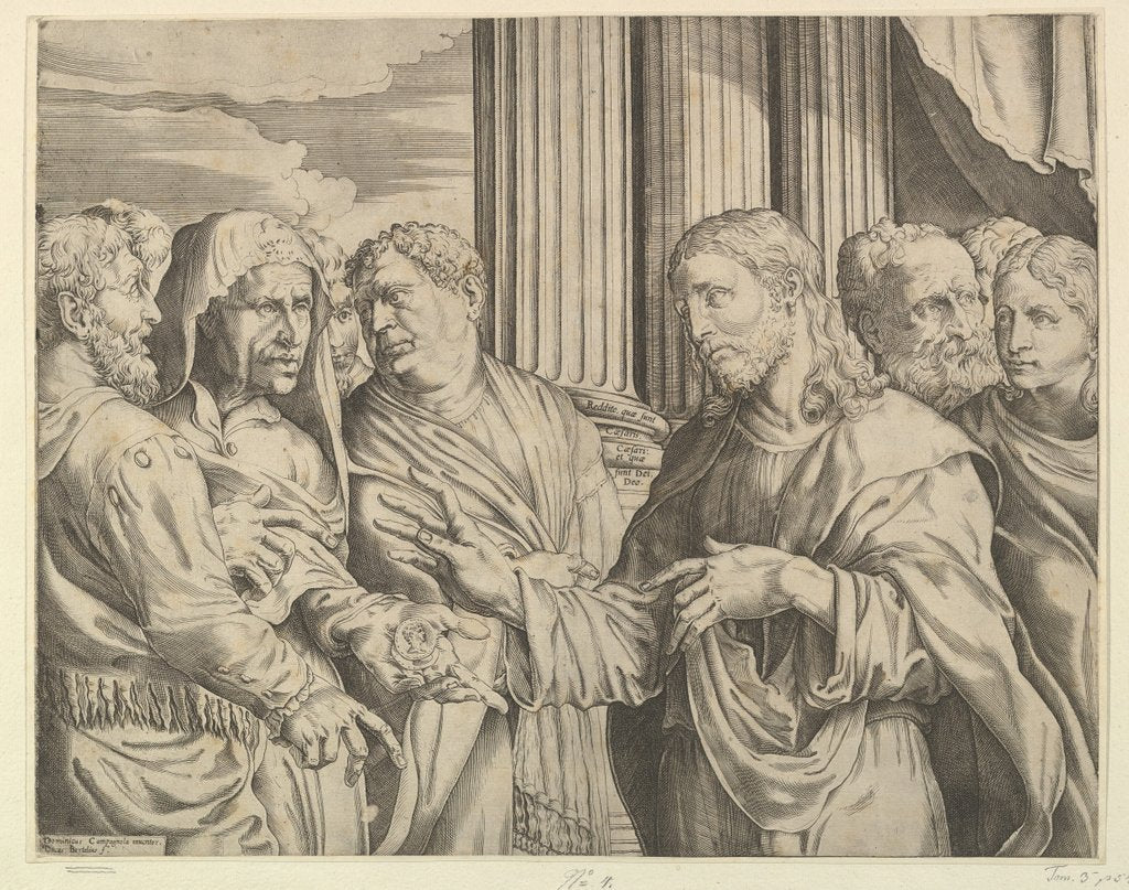 Detail of The Triubute Money: Christ at center right gesturing to man at his left with coins …, ca. 1564-89 by Domenico Campagnola