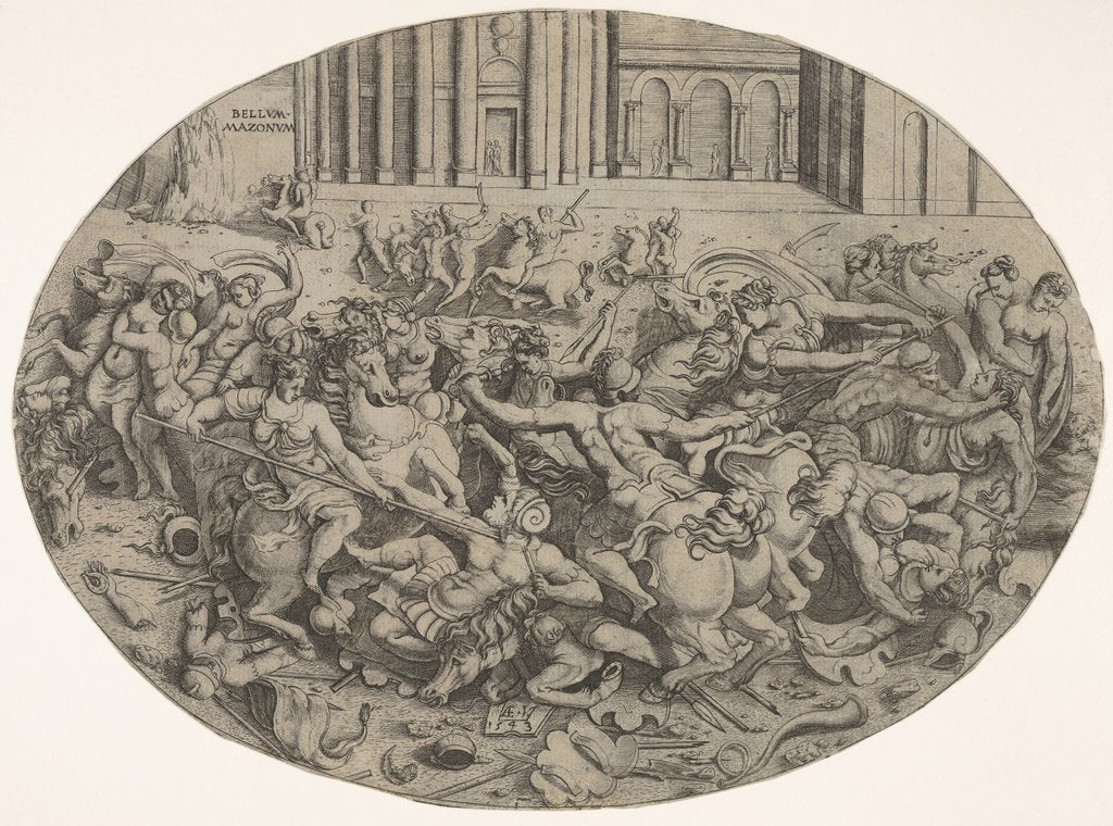 Detail of Combat between Amazons and men in front of architectural arcades, an oval composition with…, 1543 by Enea Vico