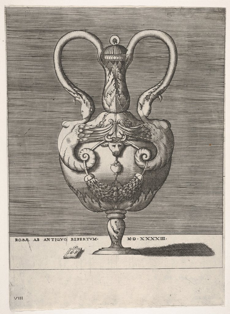 Detail of Antique Lidded Vase with Two Handles emerging from the Heads of Hybrid Female Sph…, 1543 or after by Enea Vico