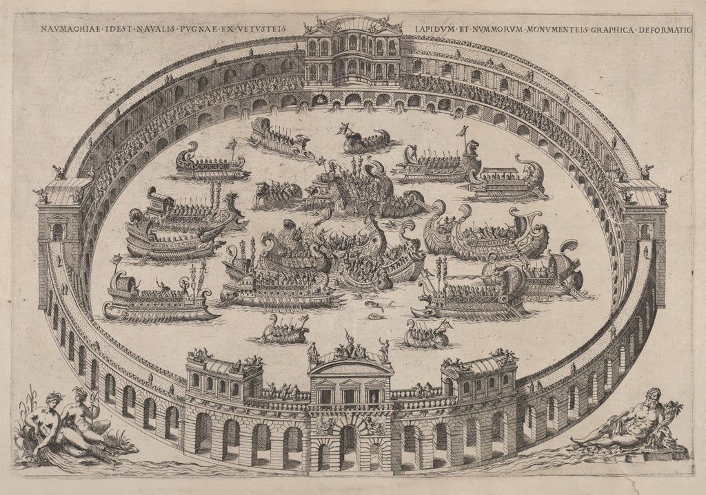 Detail of Naval engagement set inside a Roman arena, with the river Tiber and nymphs at lower lef…, 1577-85 by Etienne Duperac
